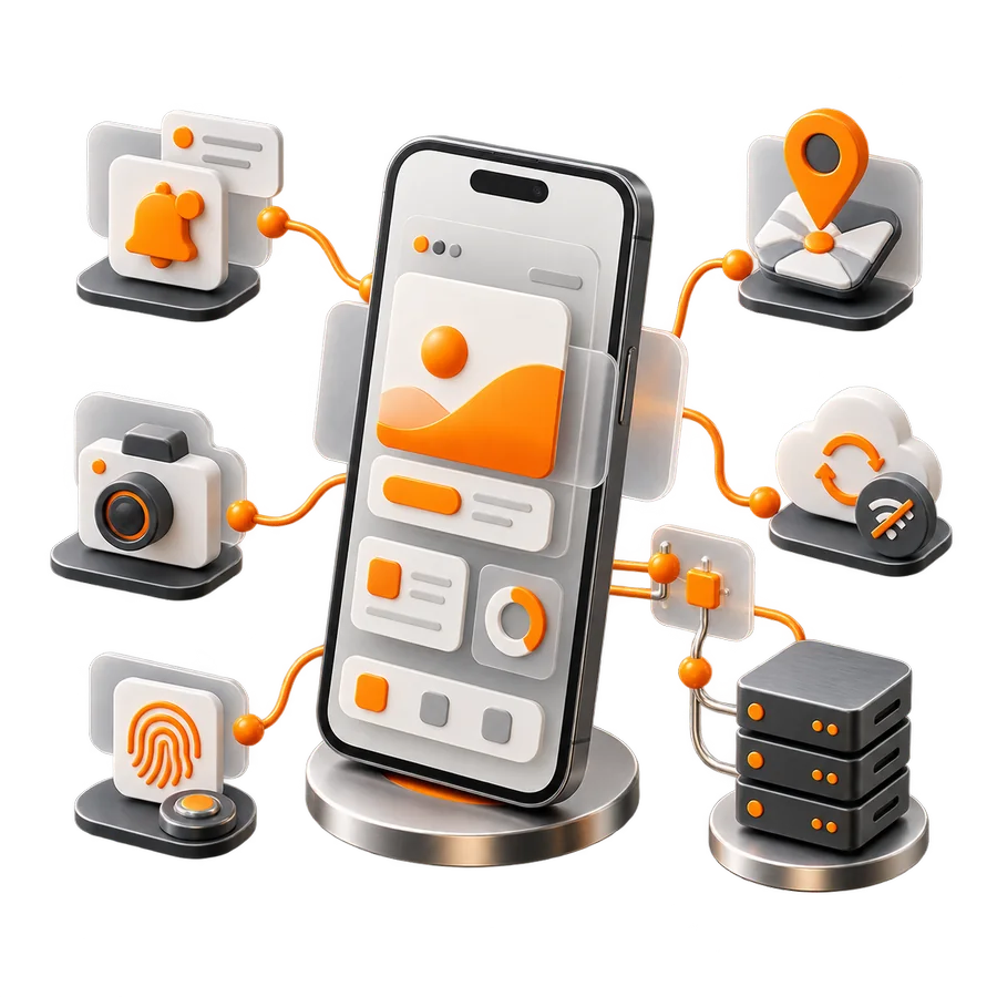 Mobilioji programėlė su pranešimų, vietos, kameros, saugumo ir sinchronizavimo funkcijomis
